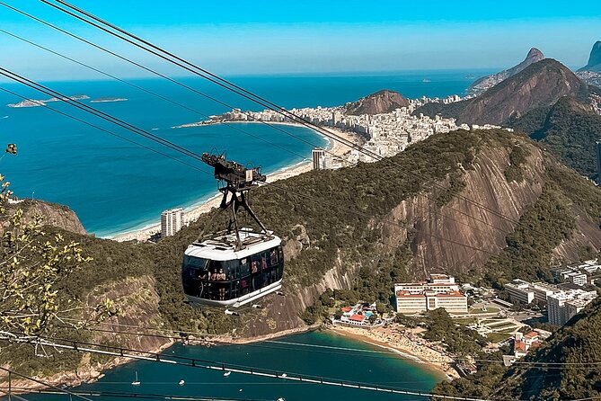 The Sugarloaf cable car above Guanabara Bay, with Corcovado behind